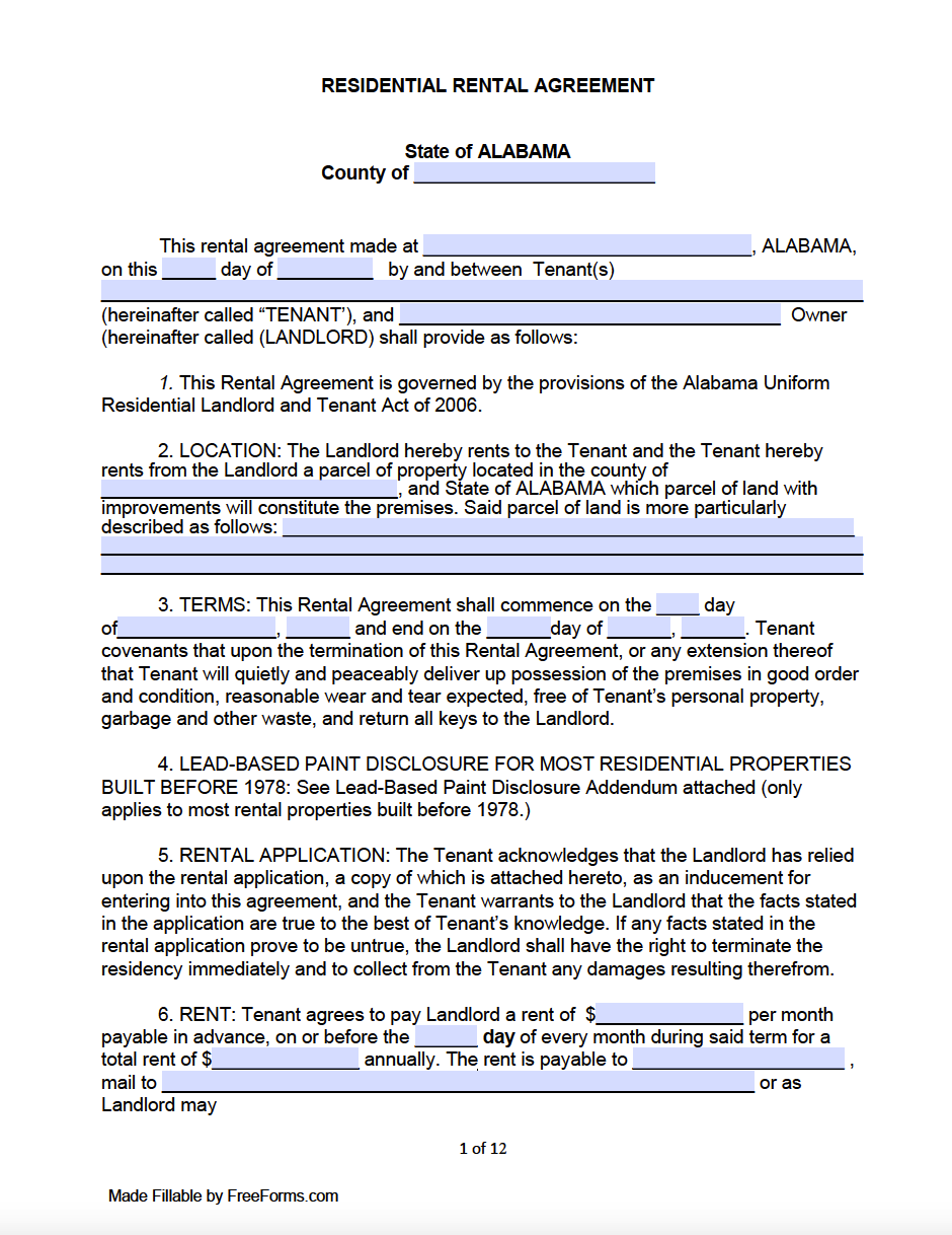 Free Alabama Rental Lease Agreement Templates PDF WORD