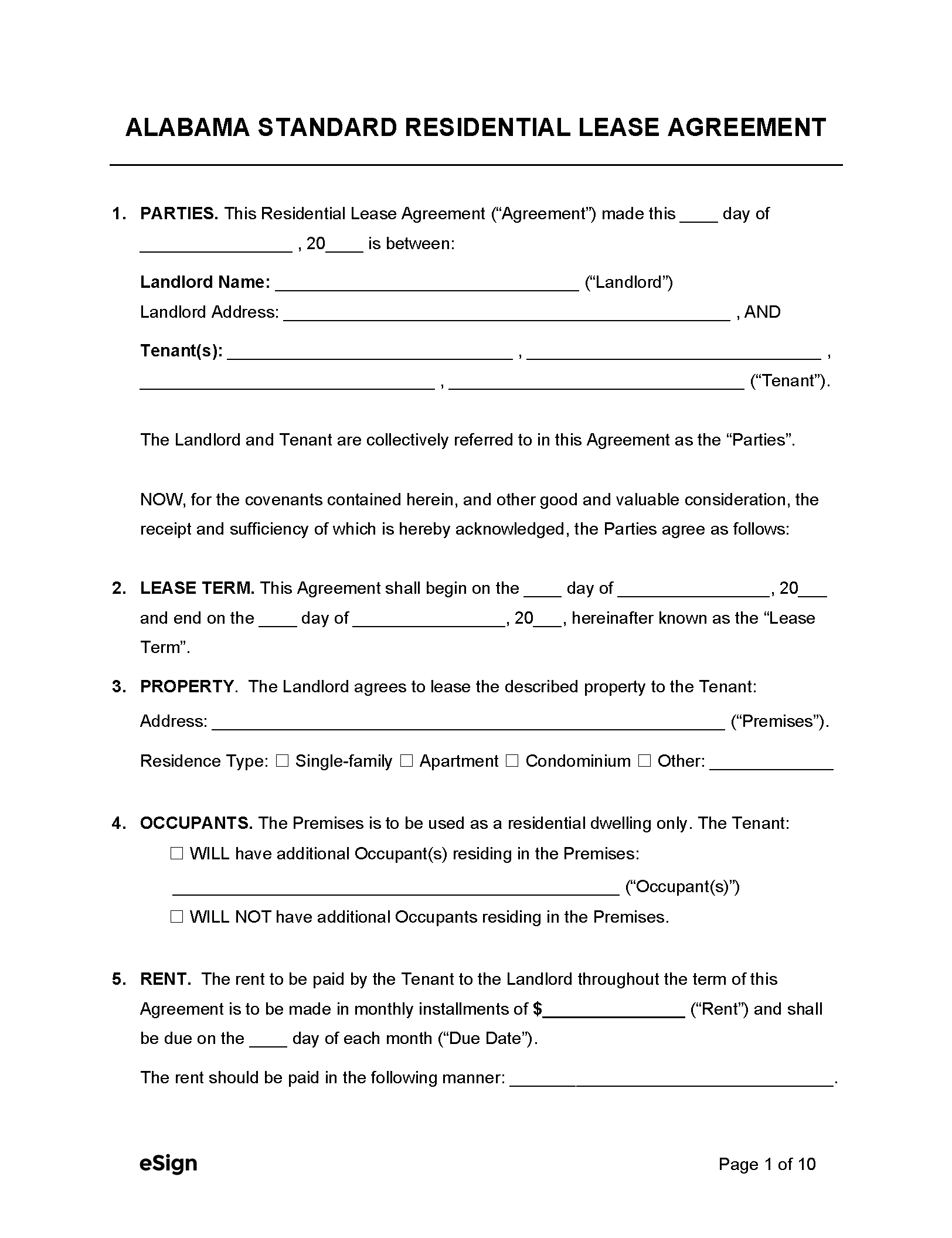 Free Alabama Standard Residential Lease Agreement Template PDF Word