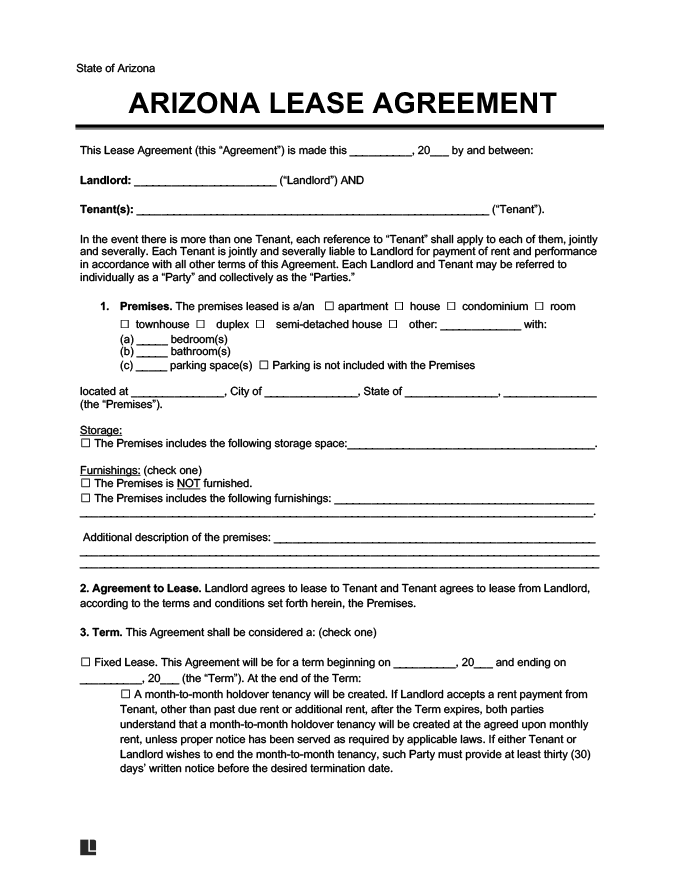 Free Arizona Residential Lease Rental Agreement Form Legal Templates