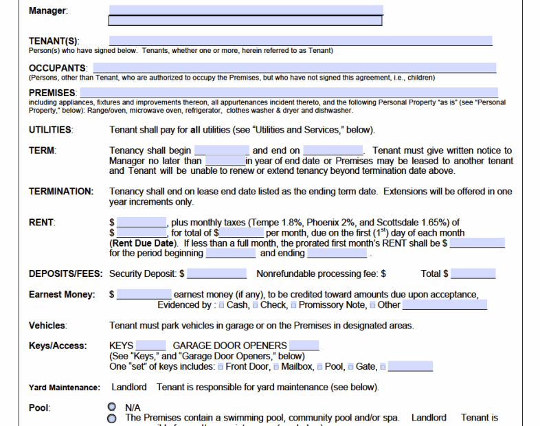 Free Arizona Standard Residential Lease Agreement Template PDF WORD