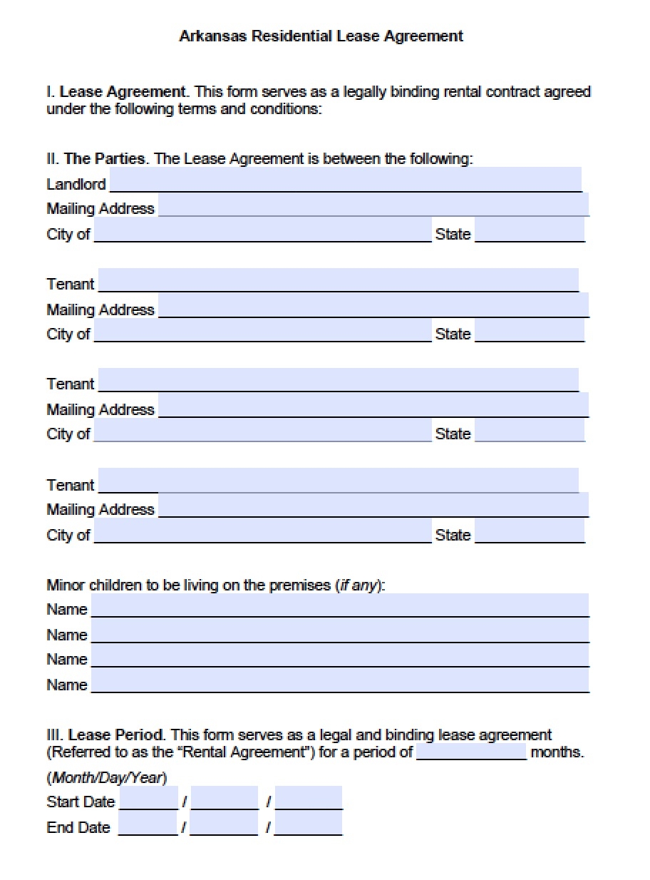 Free Arkansas Rental Lease Agreement Templates PDF Word