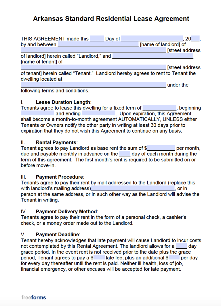 Free Arkansas Rental Lease Agreement Templates PDF WORD