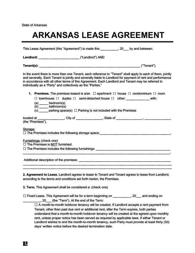 Free Arkansas Residential Lease Agreement Template PDF Word