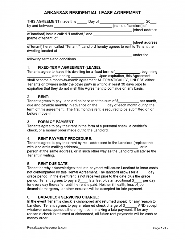 Free Arkansas Standard Residential Lease Agreement PDF MS Word