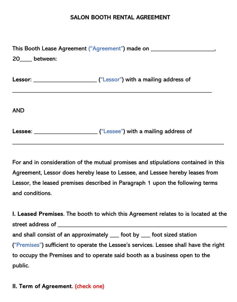 Free Booth Salon Rental Agreement Templates Editable