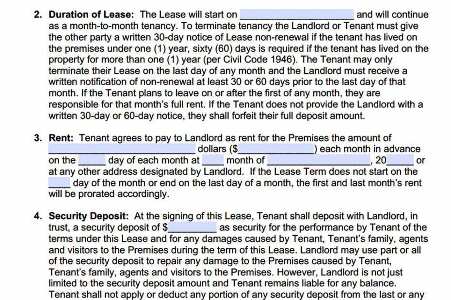Free California Month to Month Lease Agreement PDF WORD