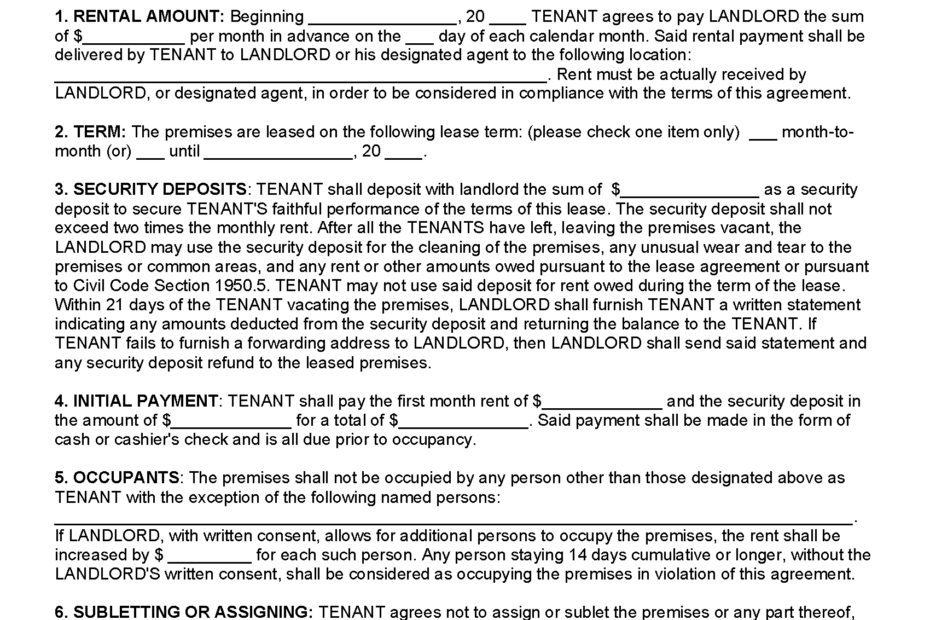 Free California Residential Lease Agreement PDF