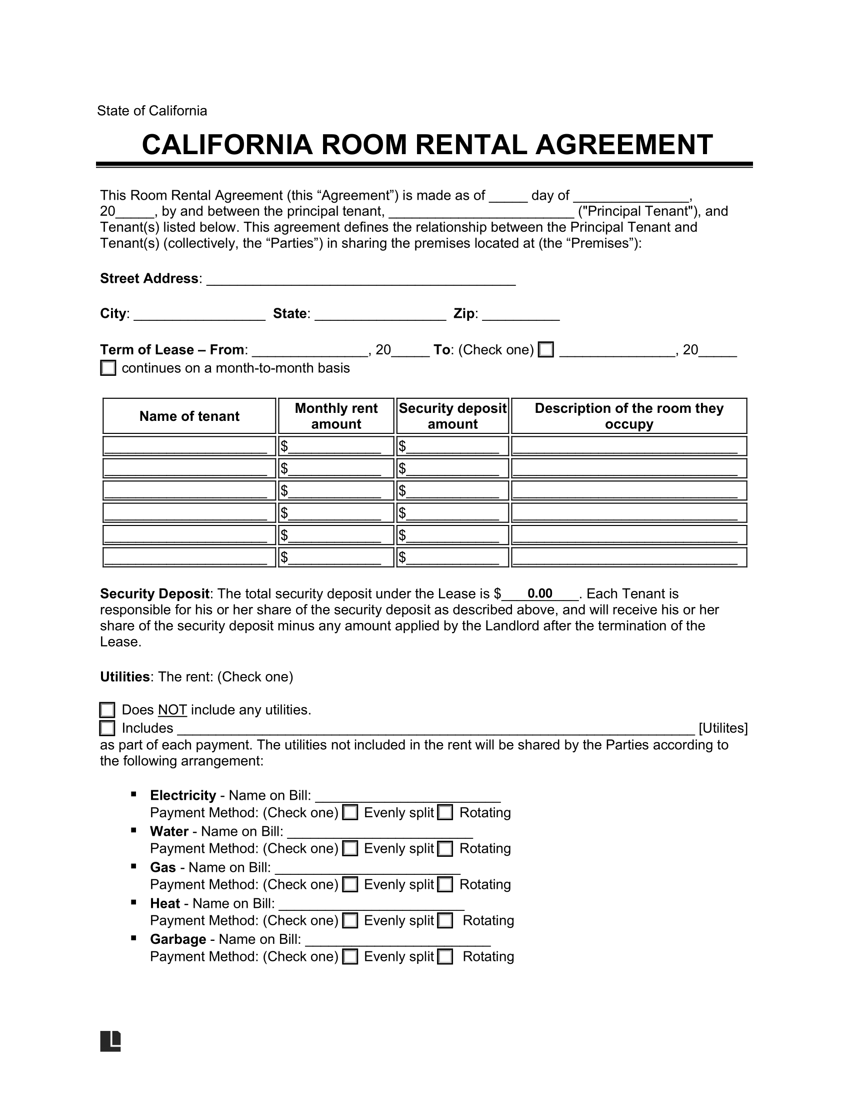 Free California Room Rental Agreement Template Fill Online