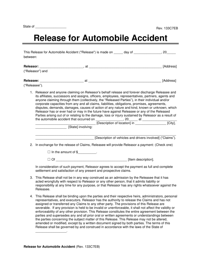 Free Car Accident Release Of Liability Form Settlement Agreement 