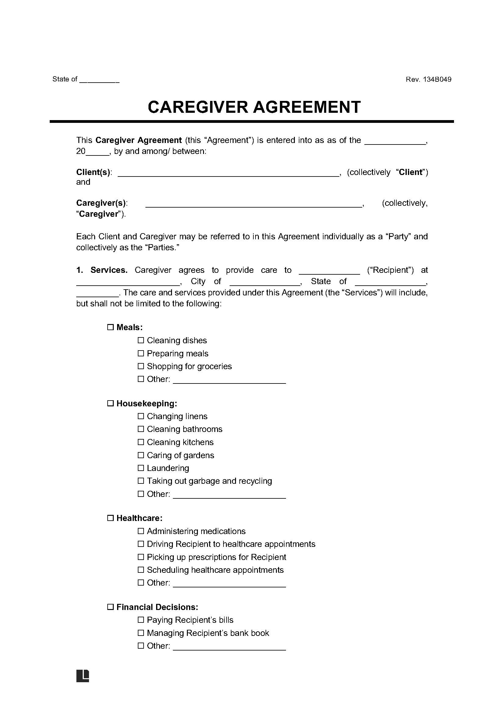 Free Caregiver Contract Template PDF Word