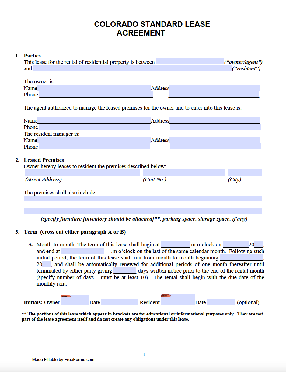 Free Colorado Standard Residential Lease Agreement Template PDF WORD