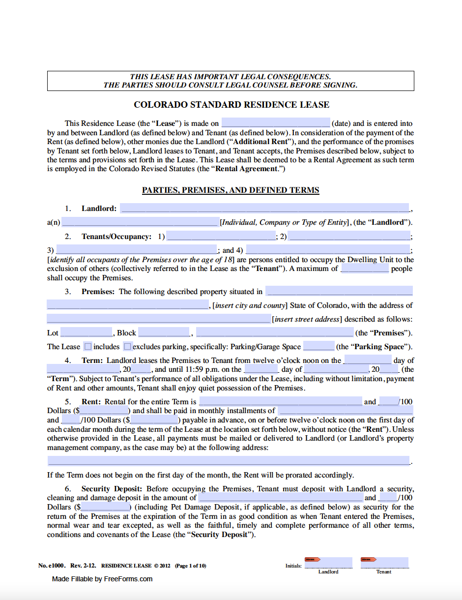 Free Colorado Standard Residential Lease Agreement Template PDF WORD