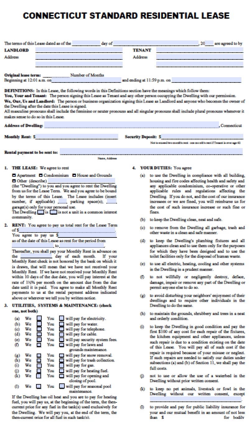 Free Connecticut Rental Lease Agreement Templates PDF Word