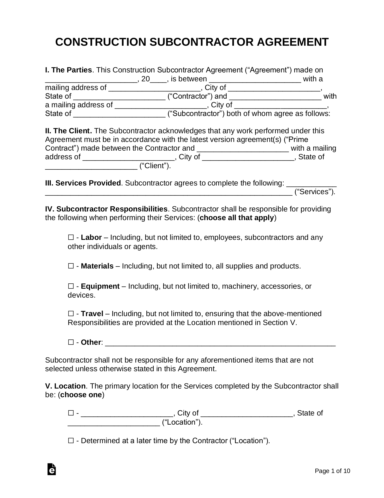 Free Construction Subcontractor Agreement PDF Word EForms
