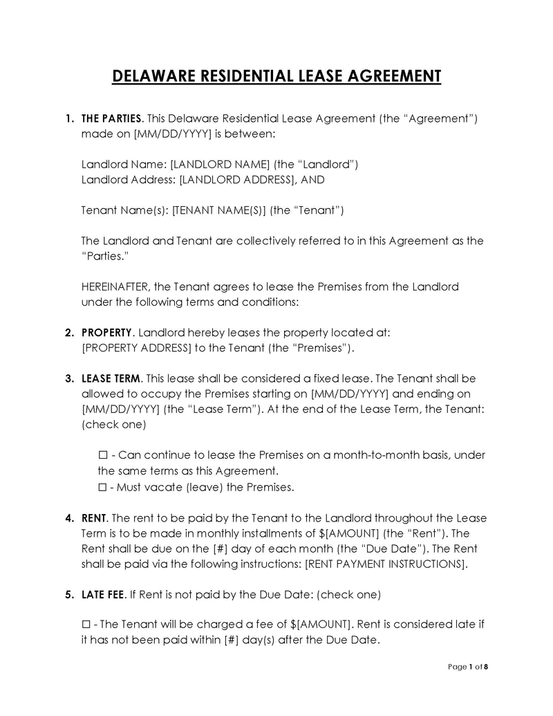 Free Delaware Lease Agreement Templates PDF Word 