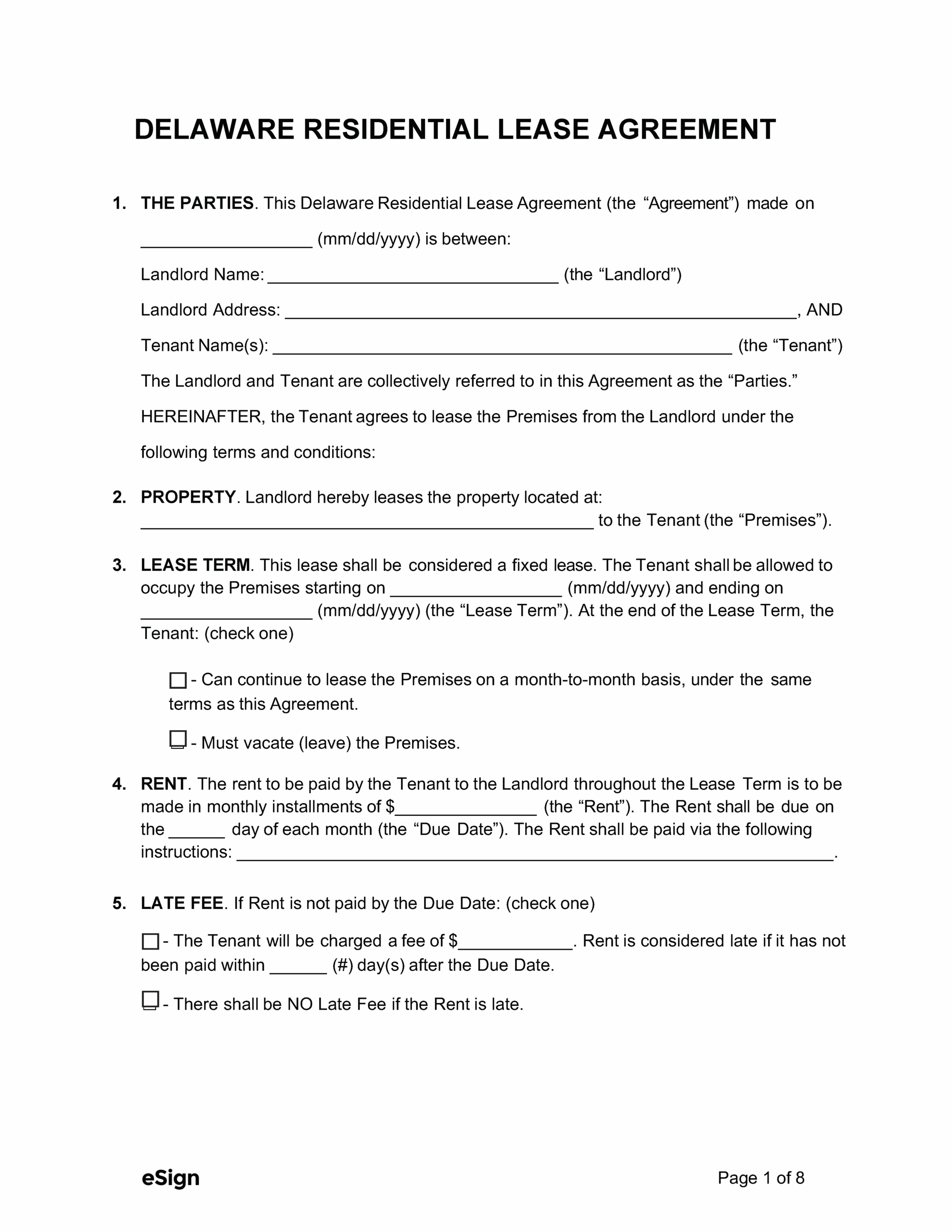 Free Delaware Standard Residential Lease Agreement Template PDF Word
