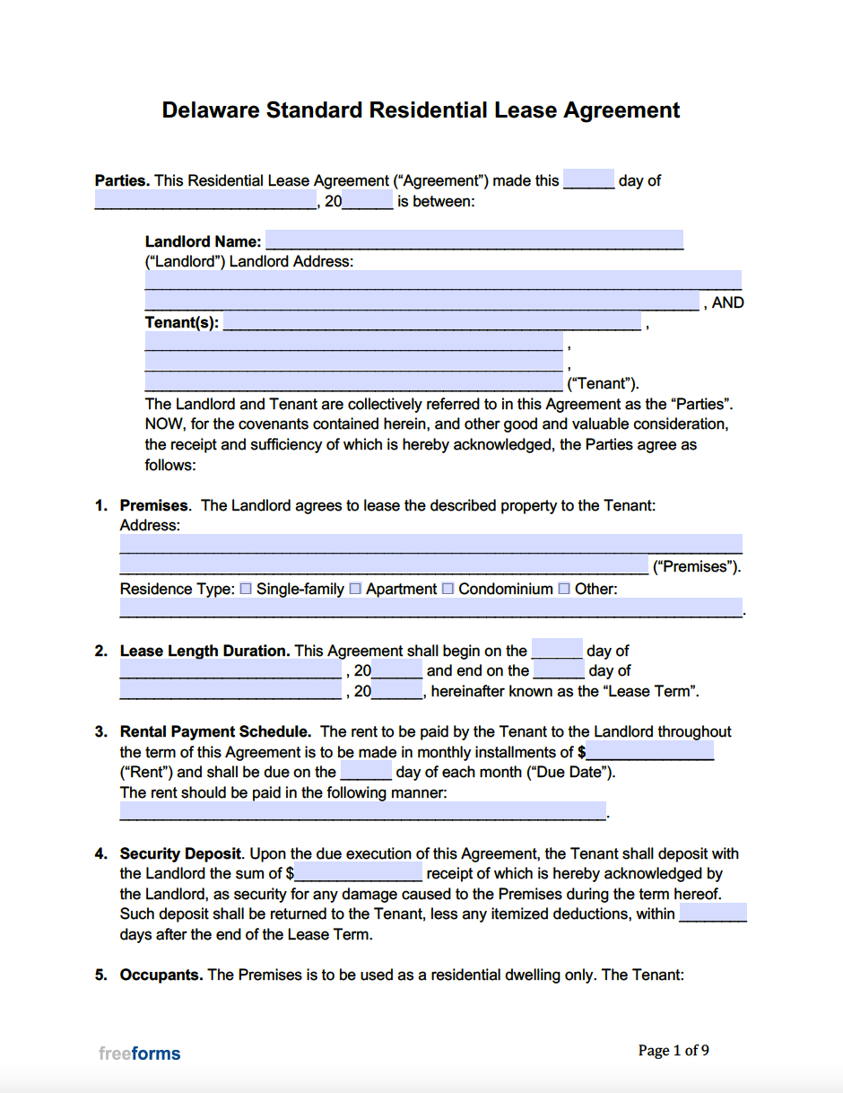Free Delaware Standard Residential Lease Agreement Template PDF WORD