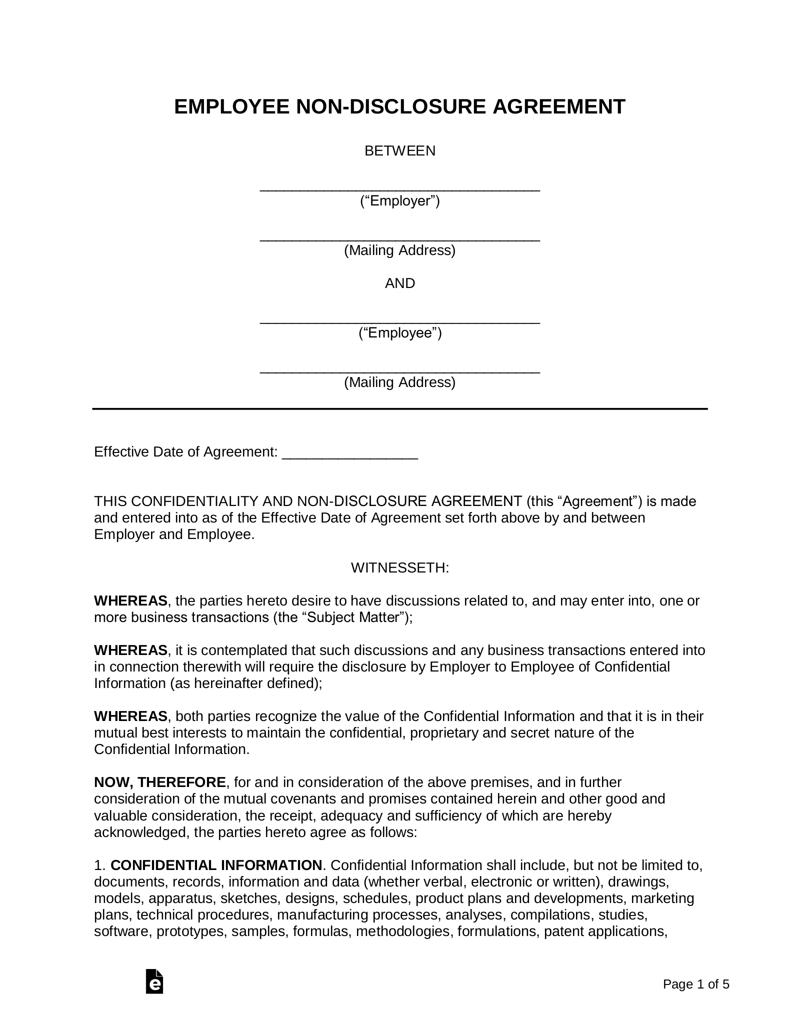 Free Employee Non Disclosure Agreement NDA Template PDF Word EForms