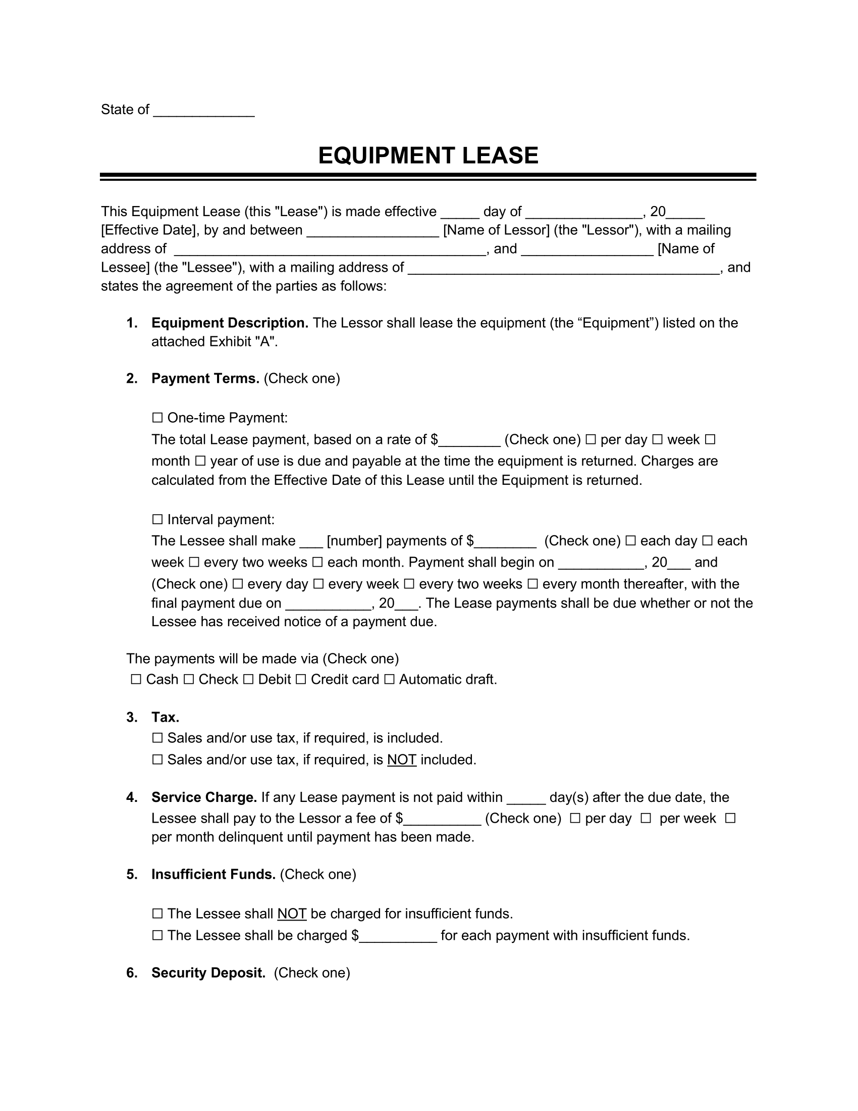 Free Equipment Lease Template Sample PDF Word