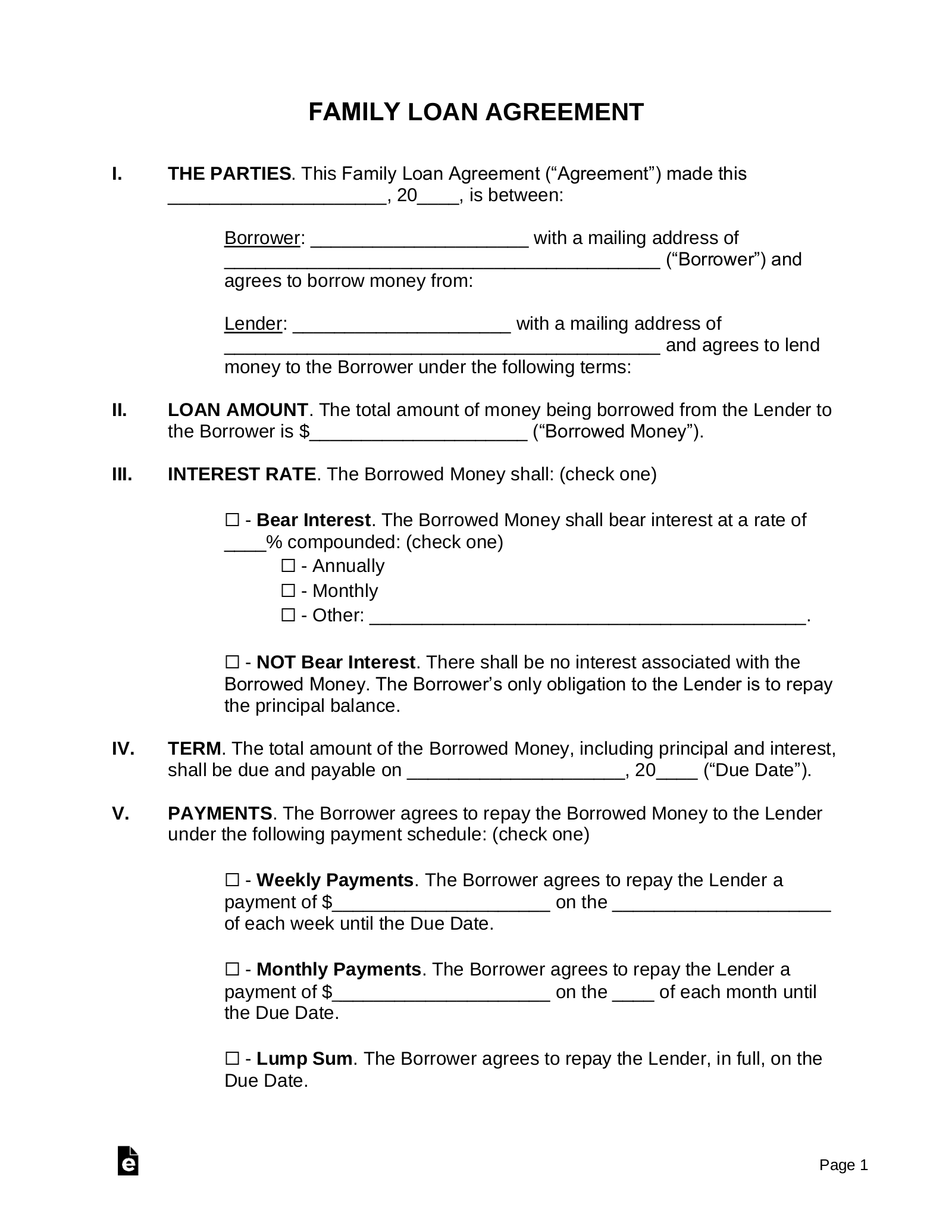 Free Family Loan Agreement Template PDF Word EForms