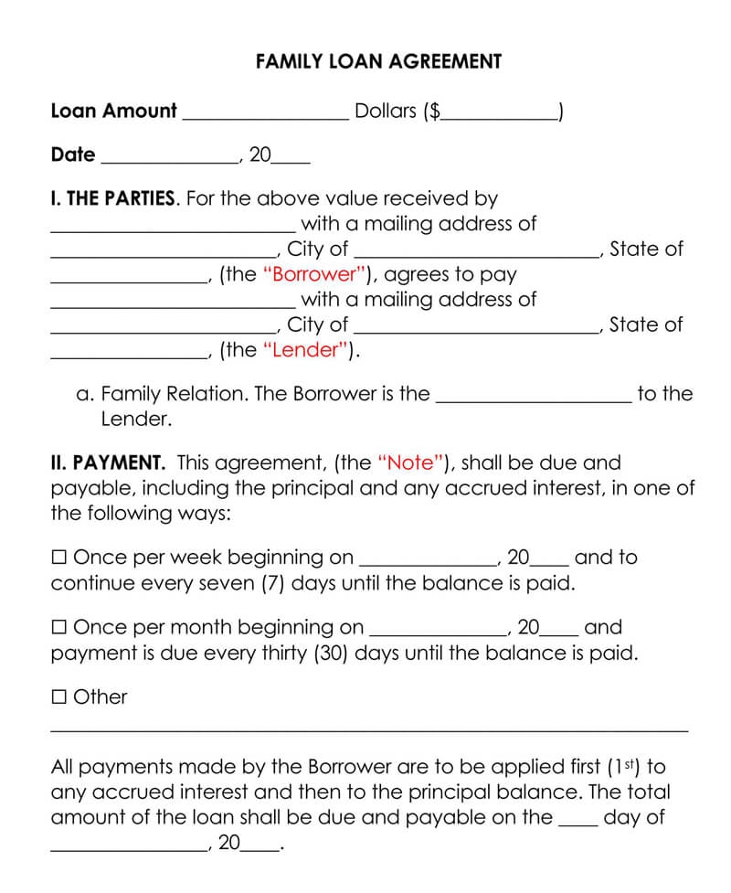 Free Family Loan Agreement Templates