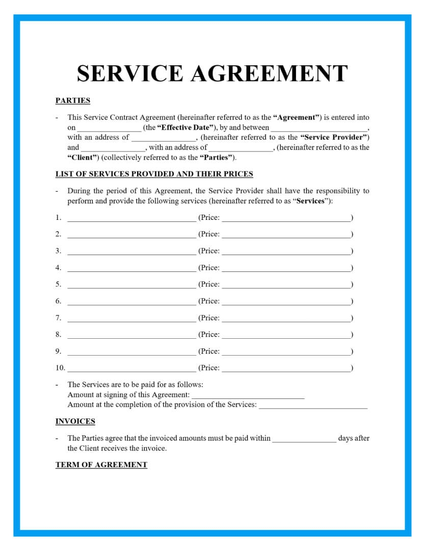 Free Fillable And Printable Service Agreement