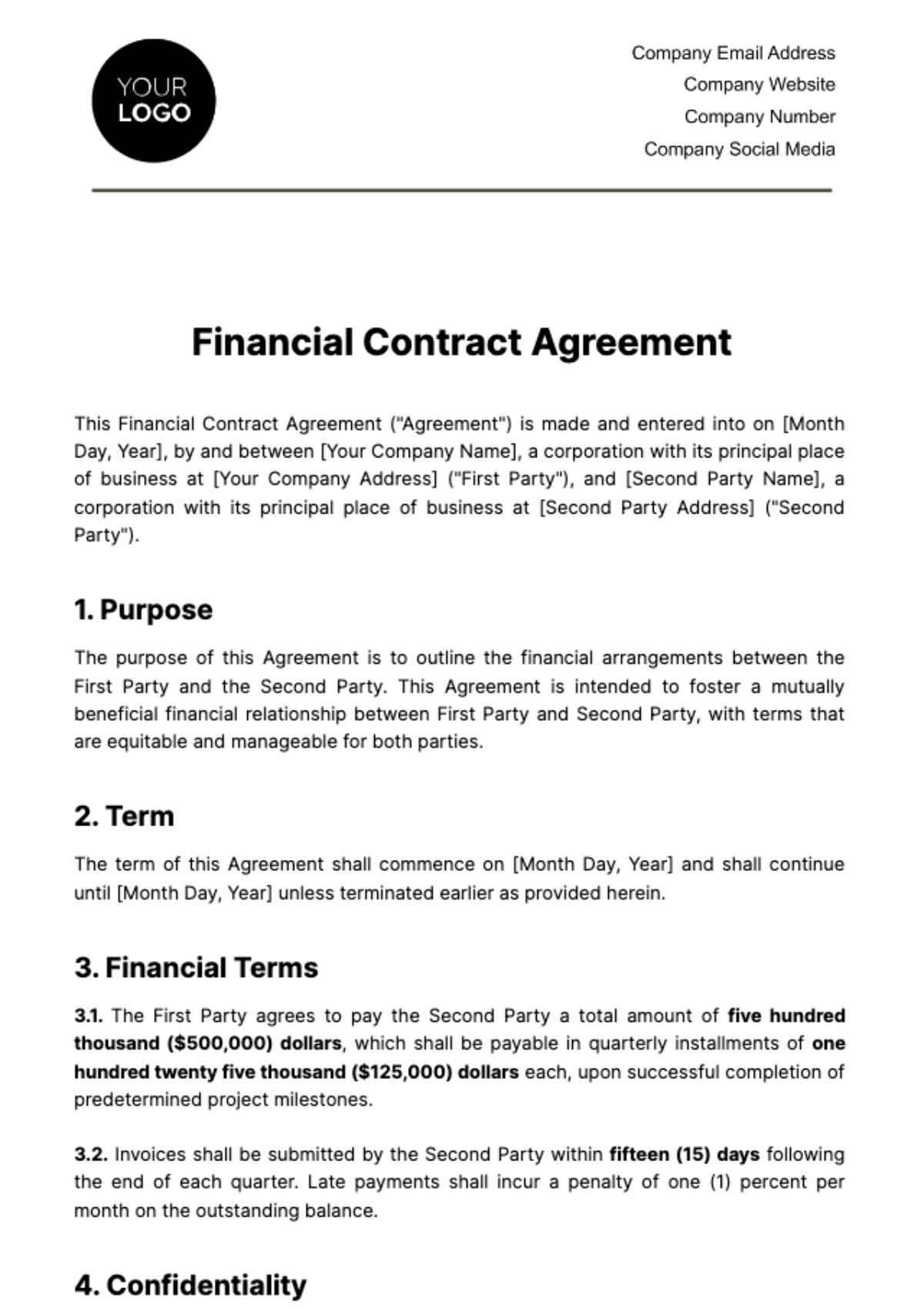 Free Finance Agreement Templates Editable And Printable