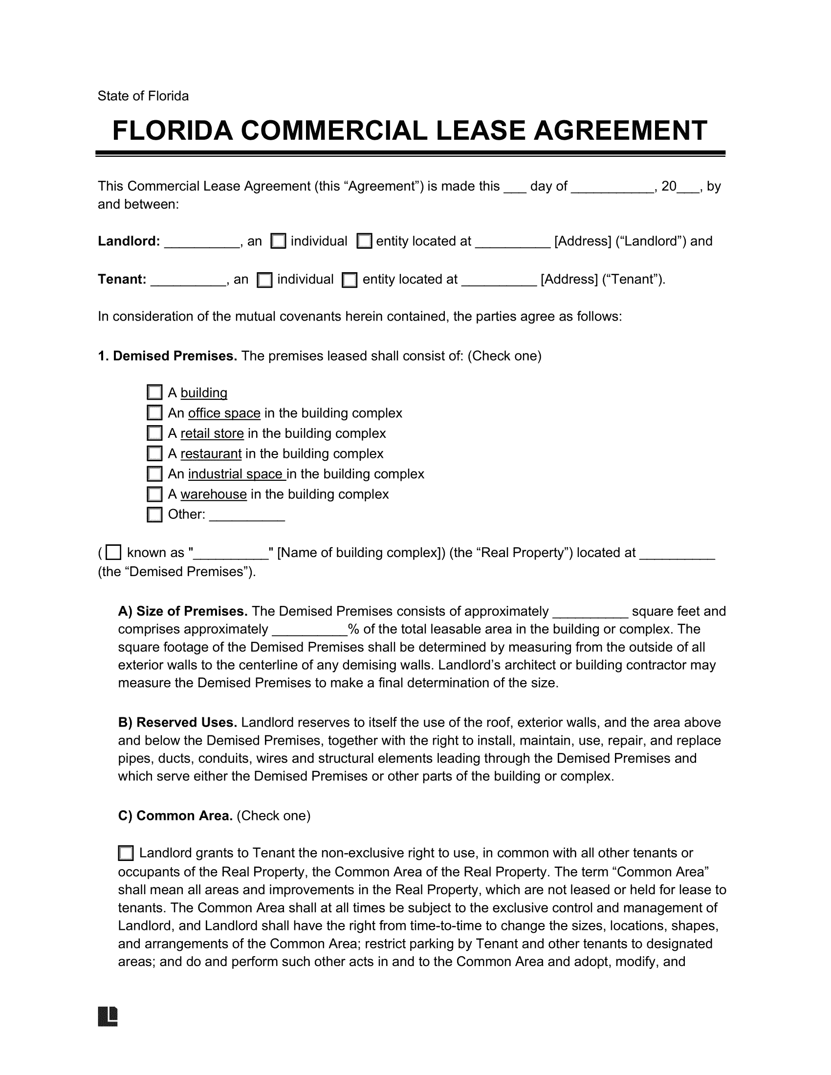 Free Florida Commercial Lease Agreement Template PDF Word