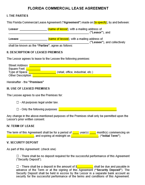 Free Florida Commercial Lease Agreement Template PDF Word Lawrina 