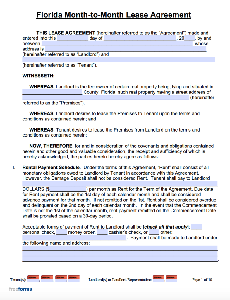 Free Florida Rental Lease Agreement Templates PDF WORD