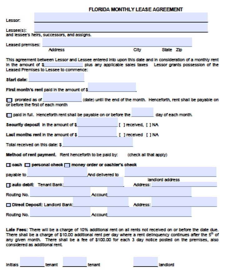 Free Florida Rental Lease Agreement Templates PDF Word