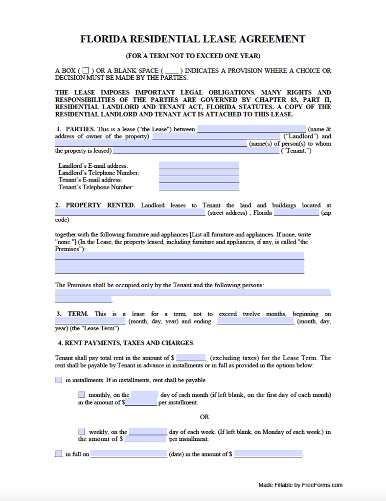 Free Florida Standard Residential Lease Agreement Template PDF WORD