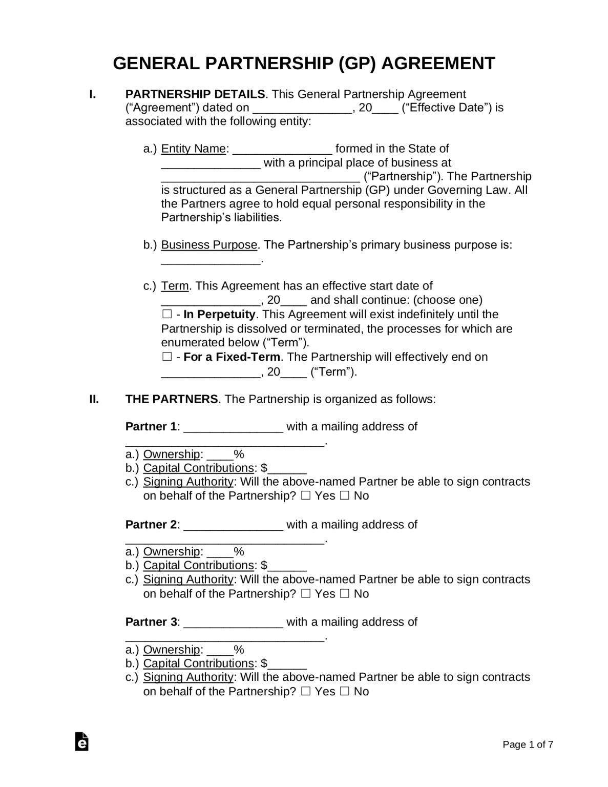 Free General Partnership GP Agreement Template PDF Word EForms