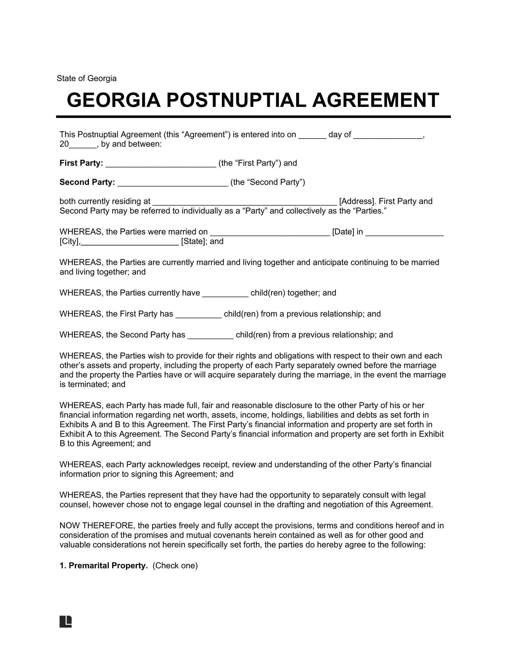 Free Georgia Postnuptial Agreement Template PDF Word