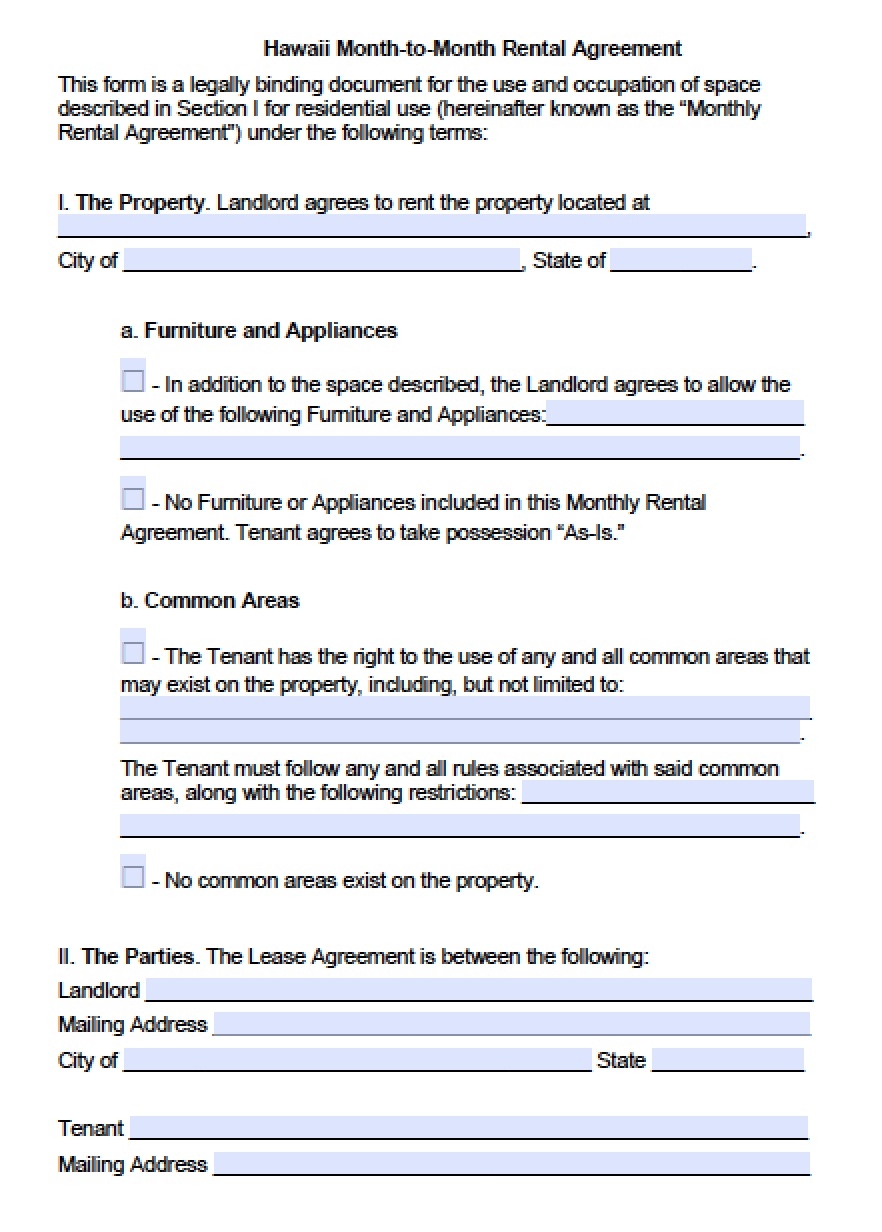 Free Hawaii Rental Lease Agreement Templates PDF Word