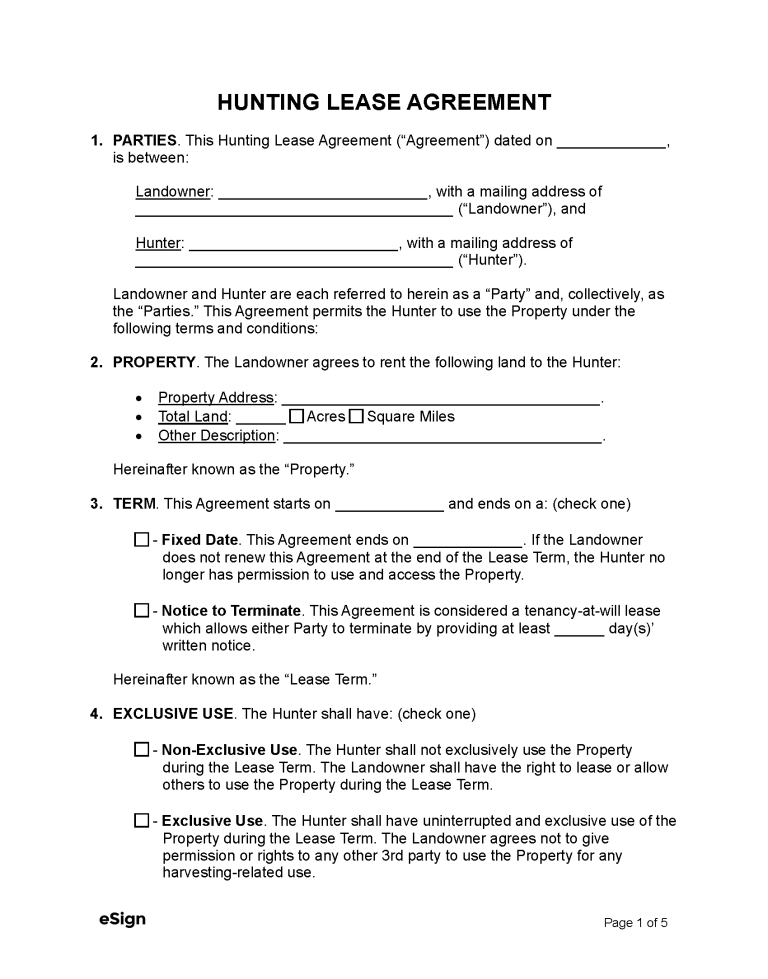 Free Hunting Lease Agreement PDF Word