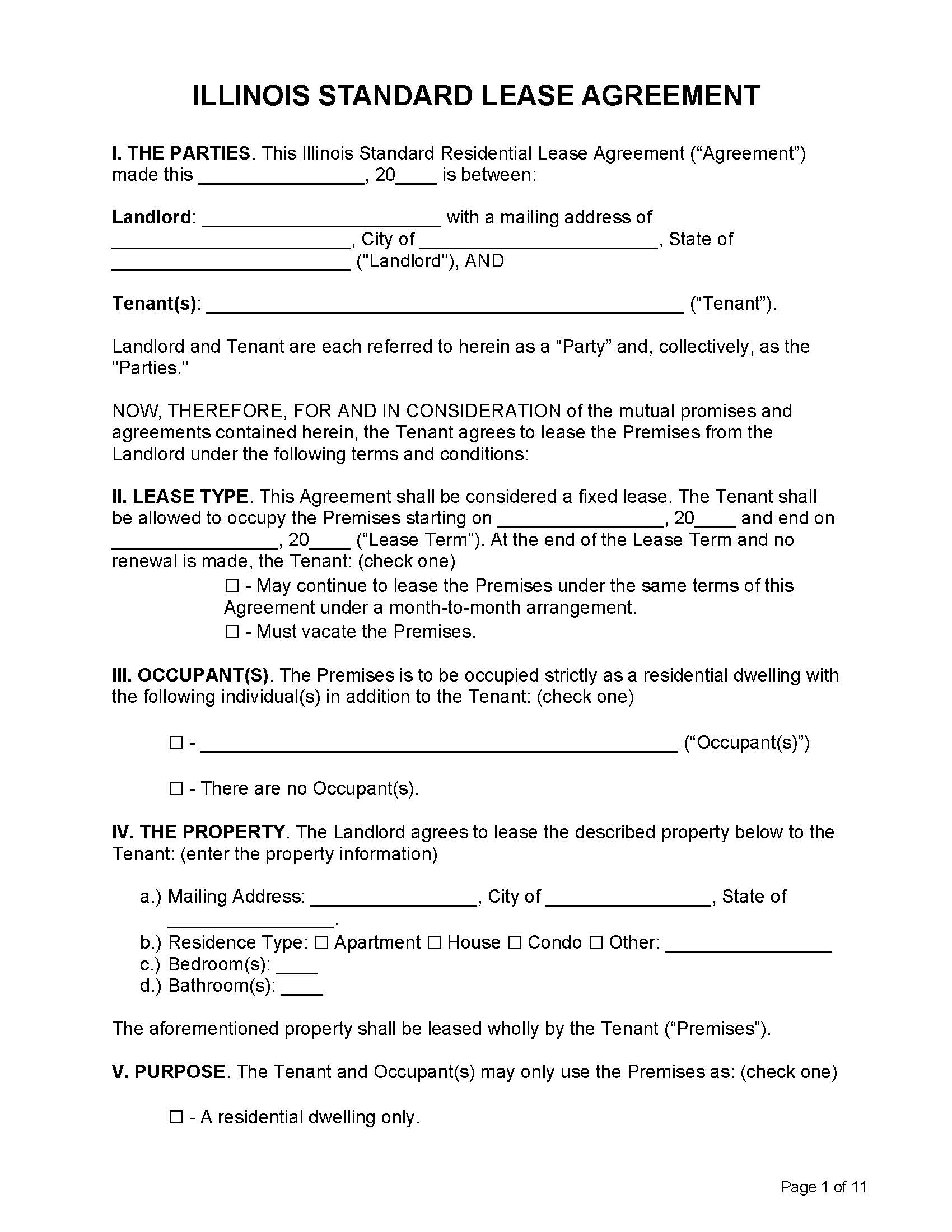 Free Illinois Residential Lease Agreement PDF