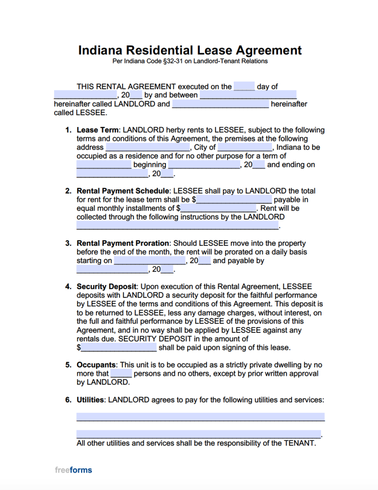 Free Indiana Rental Lease Agreement Templates PDF WORD