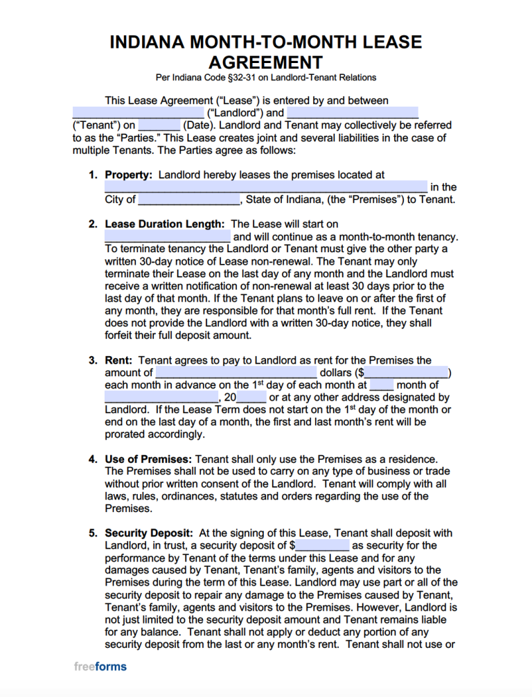 Free Indiana Rental Lease Agreement Templates PDF WORD