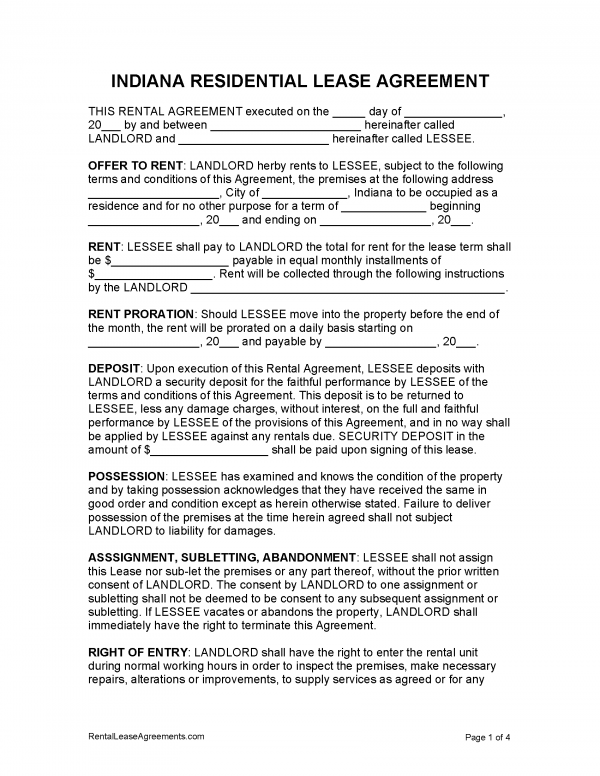Free Indiana Residential Lease Agreement PDF MS Word