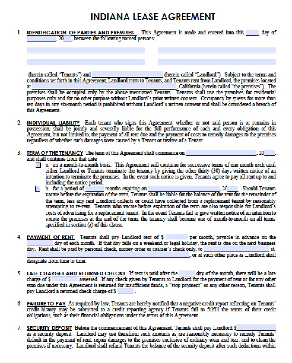Free Indiana Residential Lease Agreement PDF Word doc 