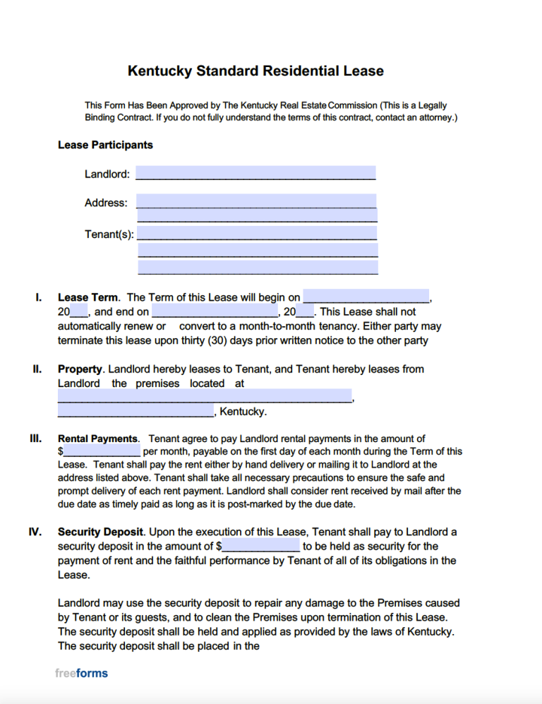 Free Kentucky Rental Lease Agreement Templates PDF WORD