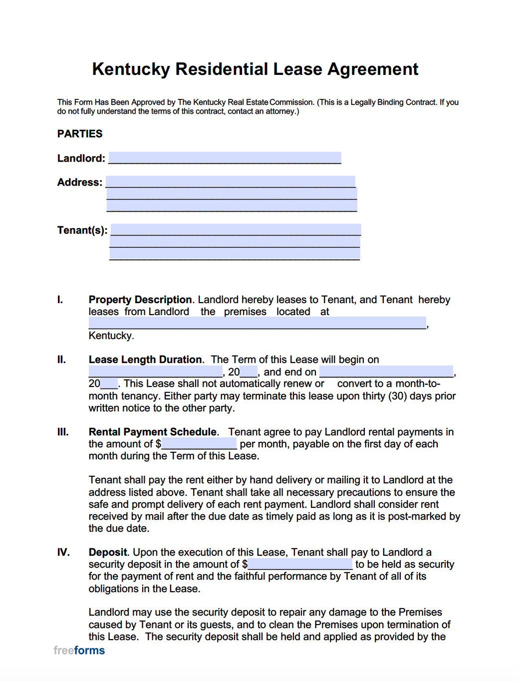 Free Kentucky Rental Lease Agreement Templates PDF WORD
