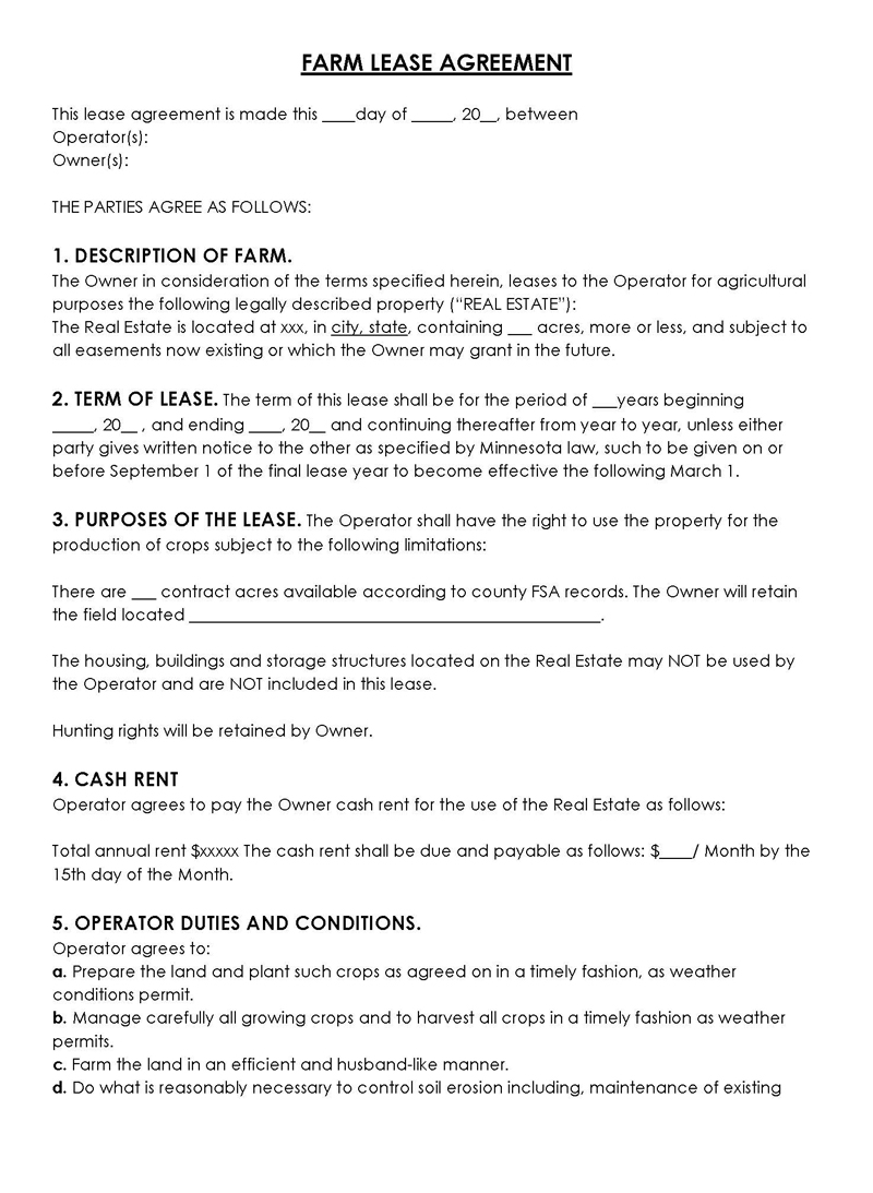 Free Land Farm Lease Agreement Templates Word PDF