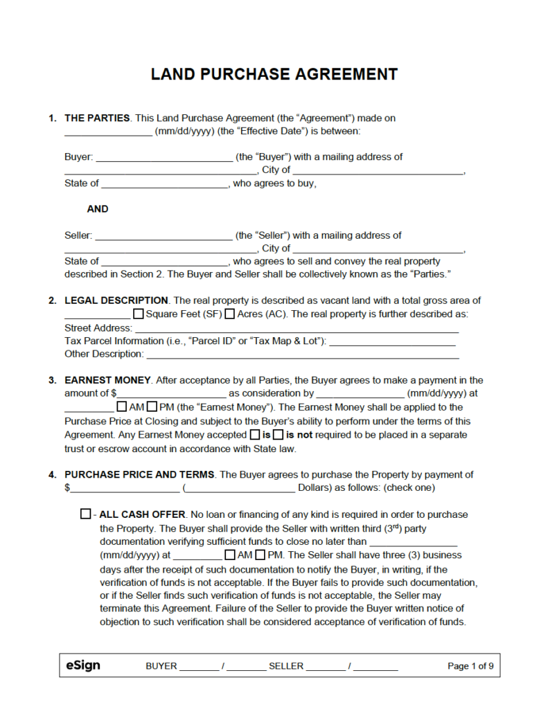 Free Land Purchase Agreement PDF Word