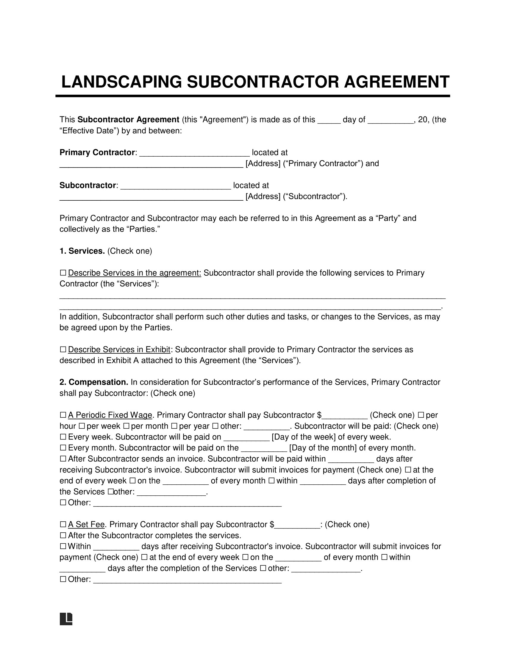 Free Landscaping Subcontractor Agreement Template PDF Word
