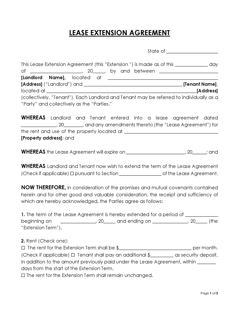 Free Lease Extension Agreement Templates Word