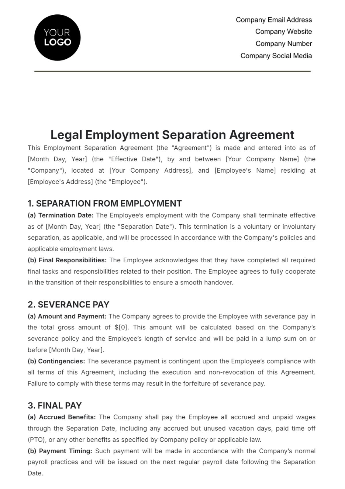 Free Legal Employment Separation Agreement Template To Edit Online