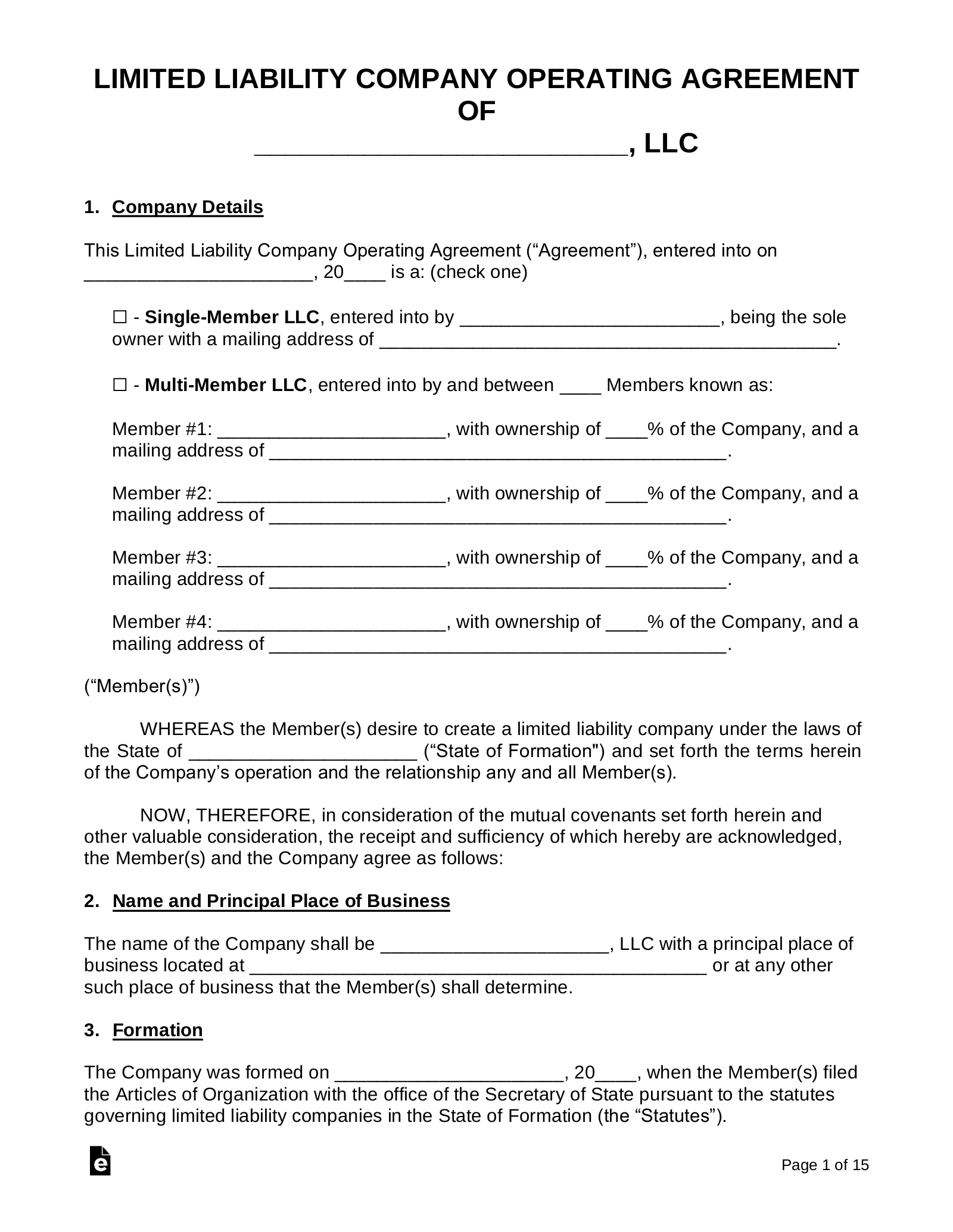 Free LLC Operating Agreement Templates 2 PDF Word EForms