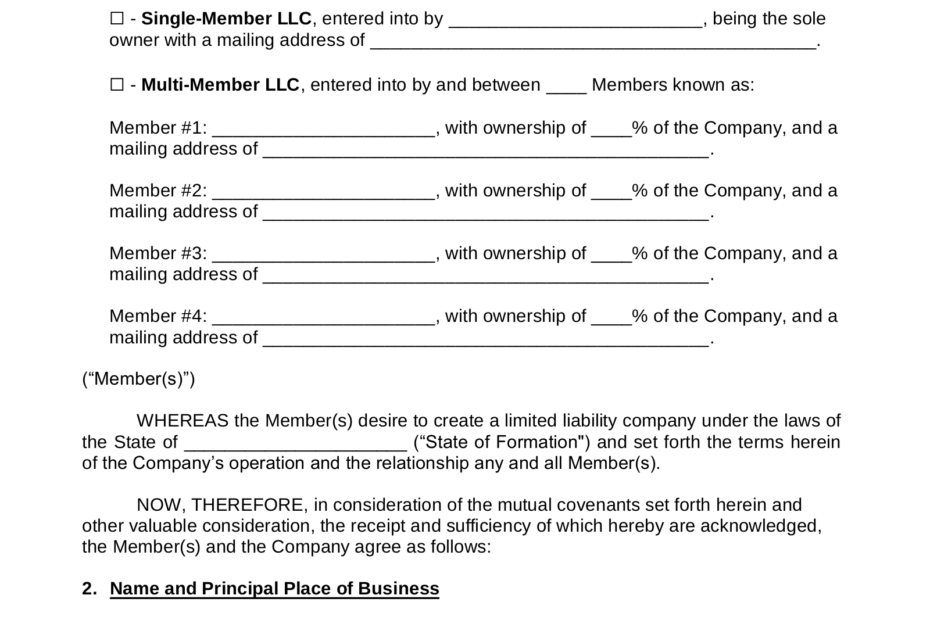 Free LLC Operating Agreement Templates 2 PDF Word EForms